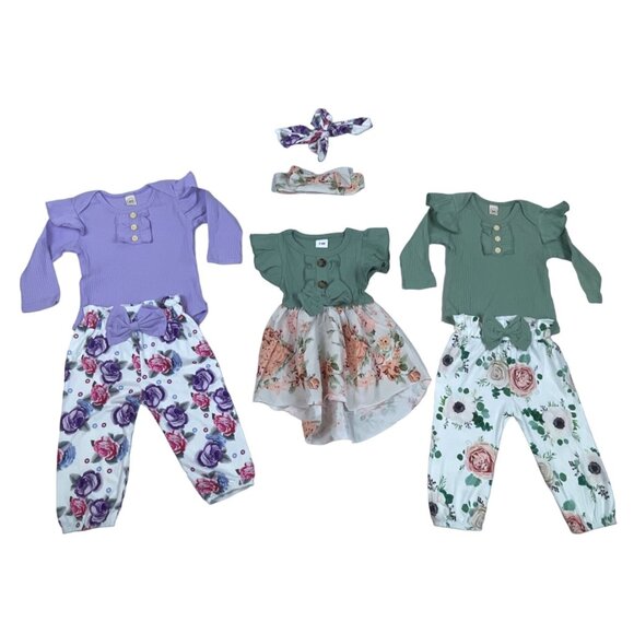 Shenzhen Toddler Girl's Green and Purple 3-Piece Florals Set Sz 3-6M - Picture 1 of 16
